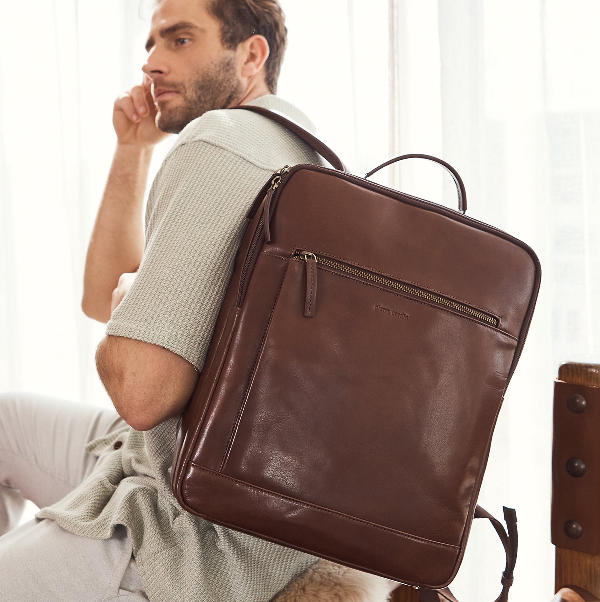 Pierre Cardin Leather Business/Laptop Backpack