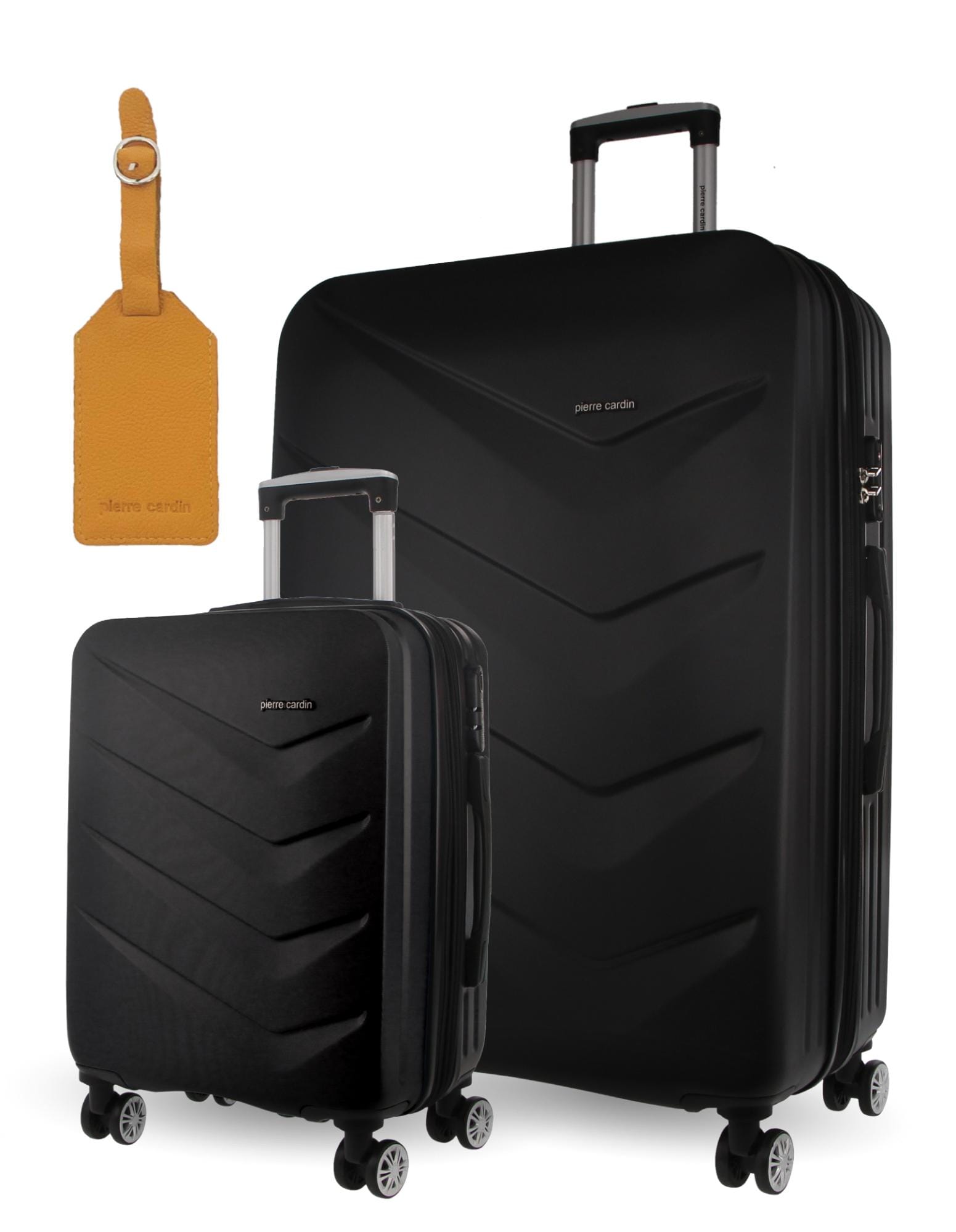 Hard Shell Luggage PC 3249LC BLACK+PC3761 Pierre Cardin Black Hard Shell LARGE and CABIN Bundle 2-Piece Set + Assorted Luggage Tag
