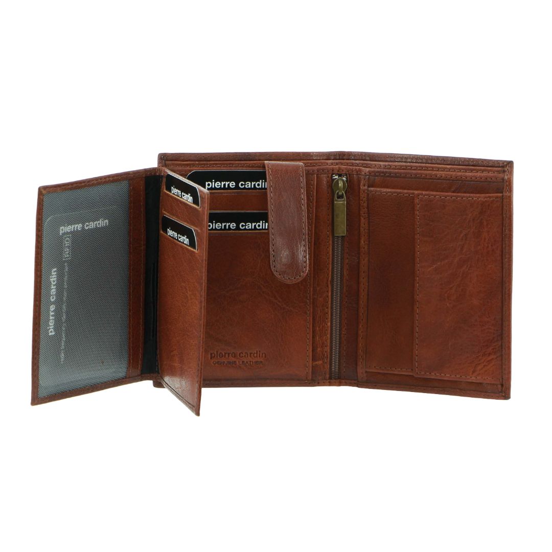 Pierre Cardin Rustic Leather Tri-Fold Men's Wallet in Chestnut