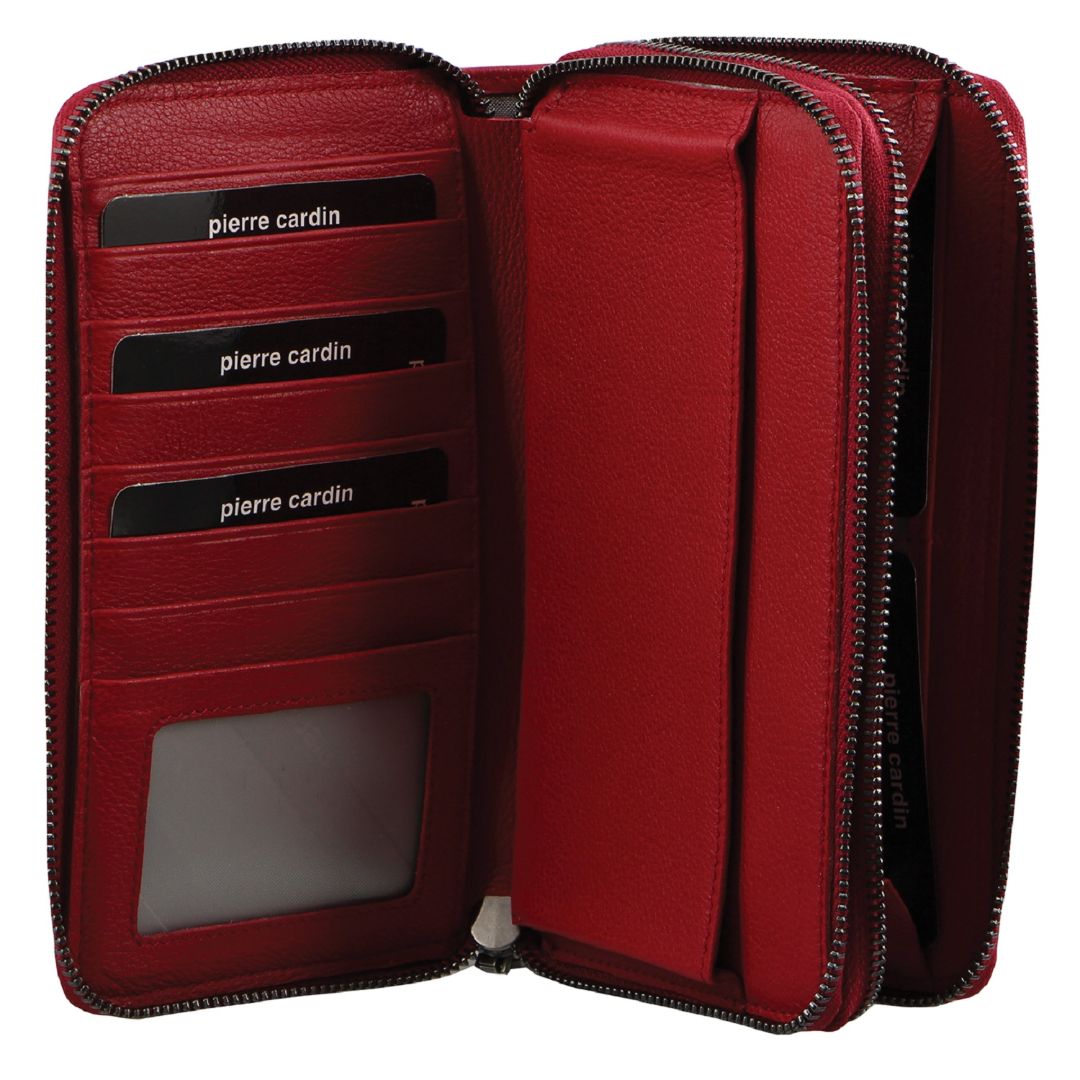Pierre Cardin Italian Leather Ladies Double Zip Wallet in Red