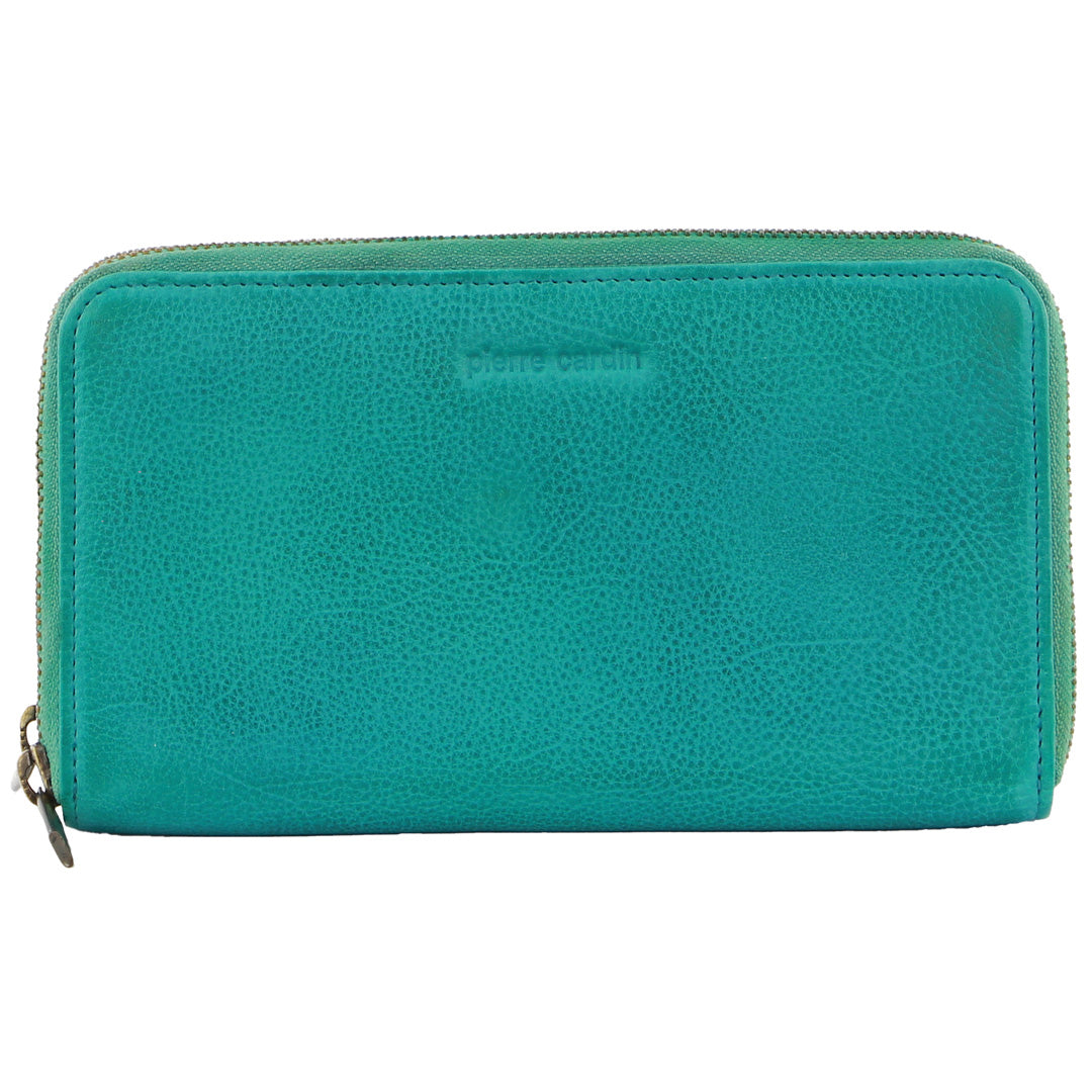Pierre Cardin Italian Leather Ladies Double Zip Wallet in Turquoise