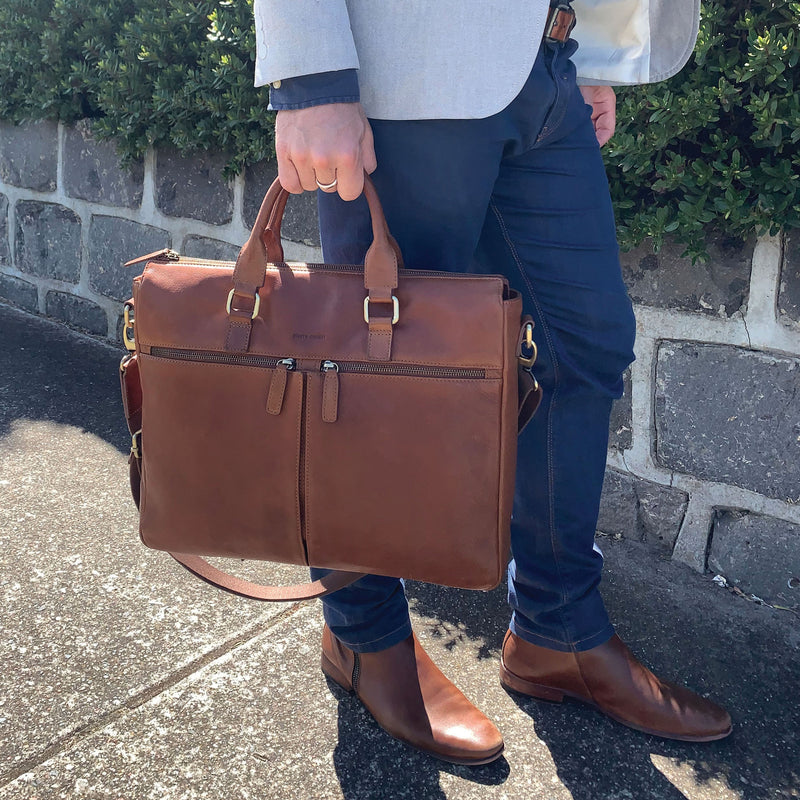 Pierre Cardin Rustic Leather Multi-Zip Computer Bag