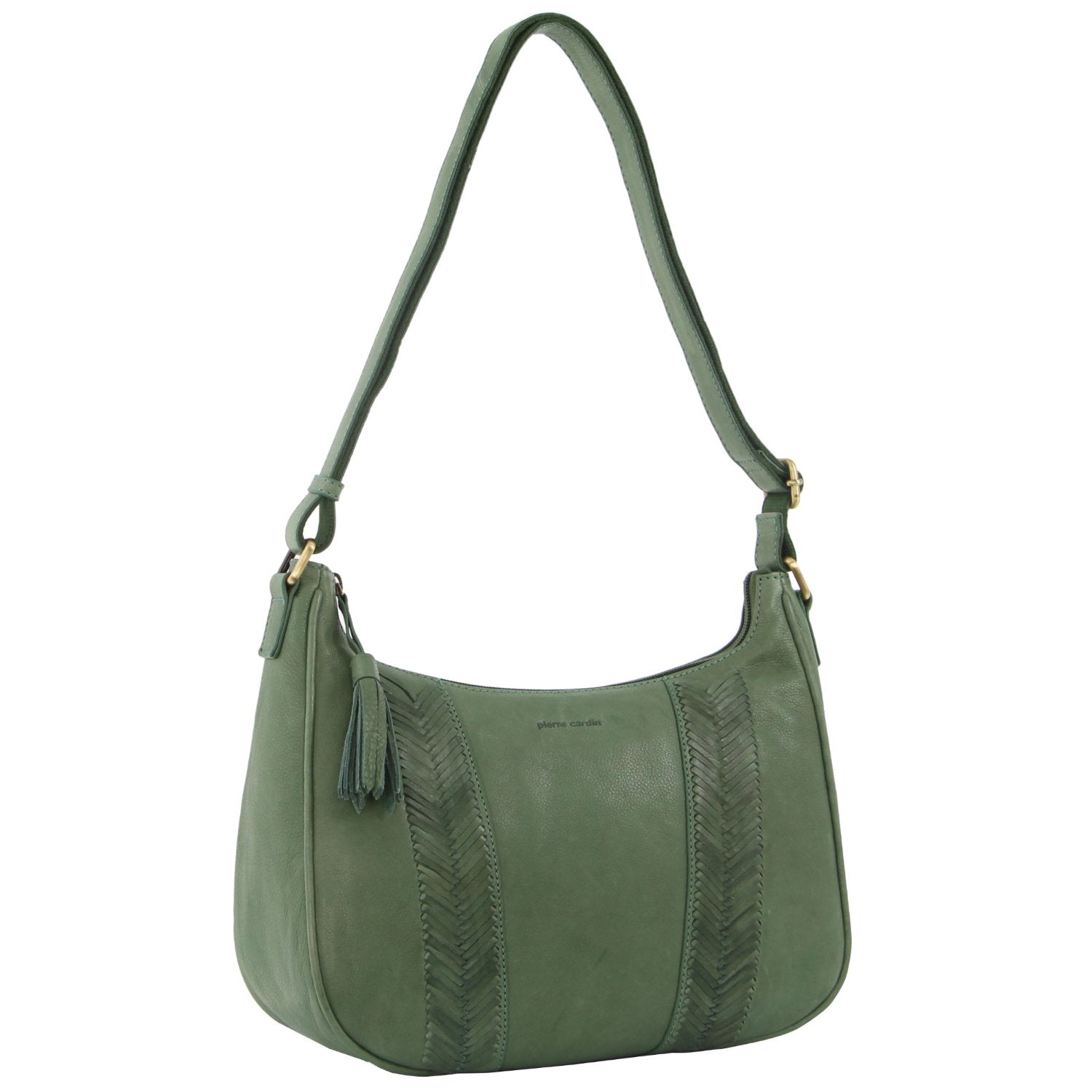Pierre Cardin Herringbone Embossed Leather Tassel Crossbody Bag in Green