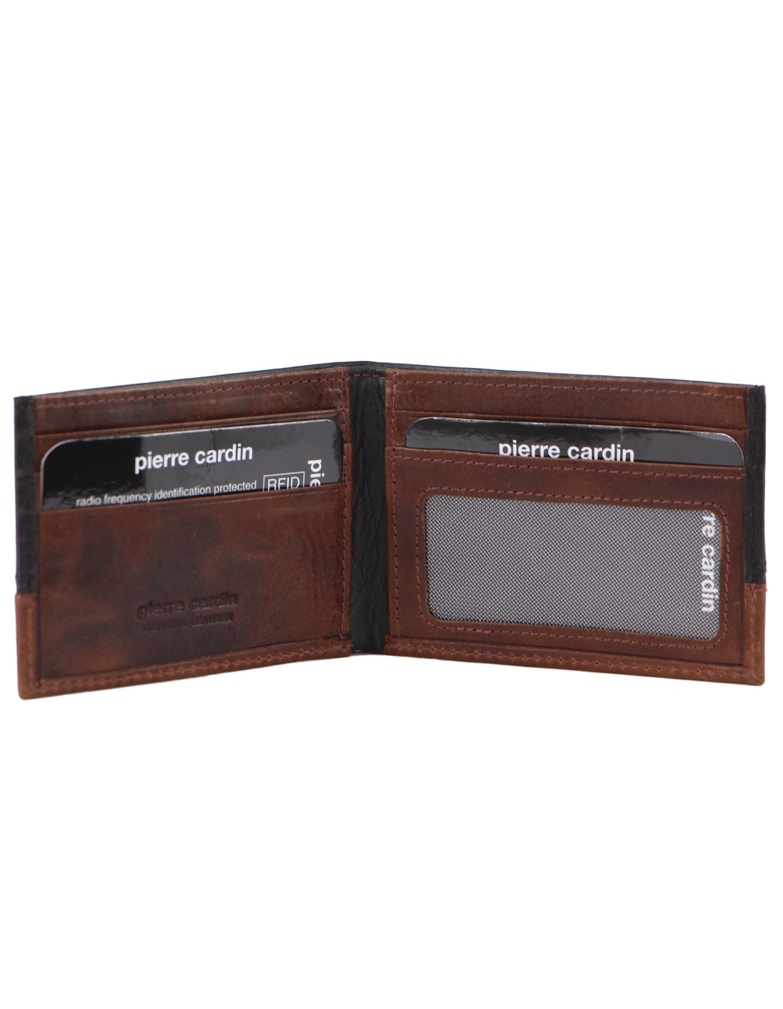 Pierre Cardin Rustic Leather Mens 2 Tone Slim Bi-Fold Wallet in Black-Cognac in Black