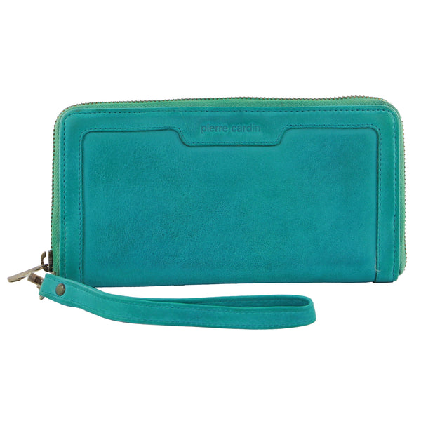 Pierre Cardin Women's Leather Zip around wallet w/Wristlet in Turquoise  (PC 3630)