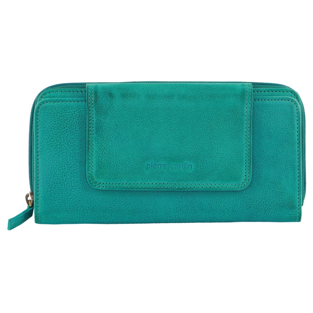 Pierre Cardin Women's Leather Bi-Fold Tab Wallet in Turquoise