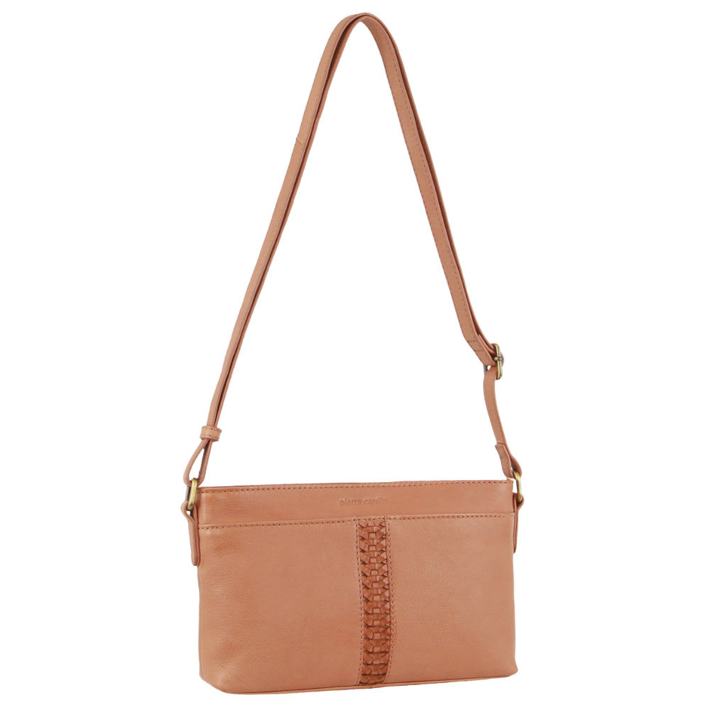 Pierre Cardin Leather Woven Design Crossbody Bag in Tan