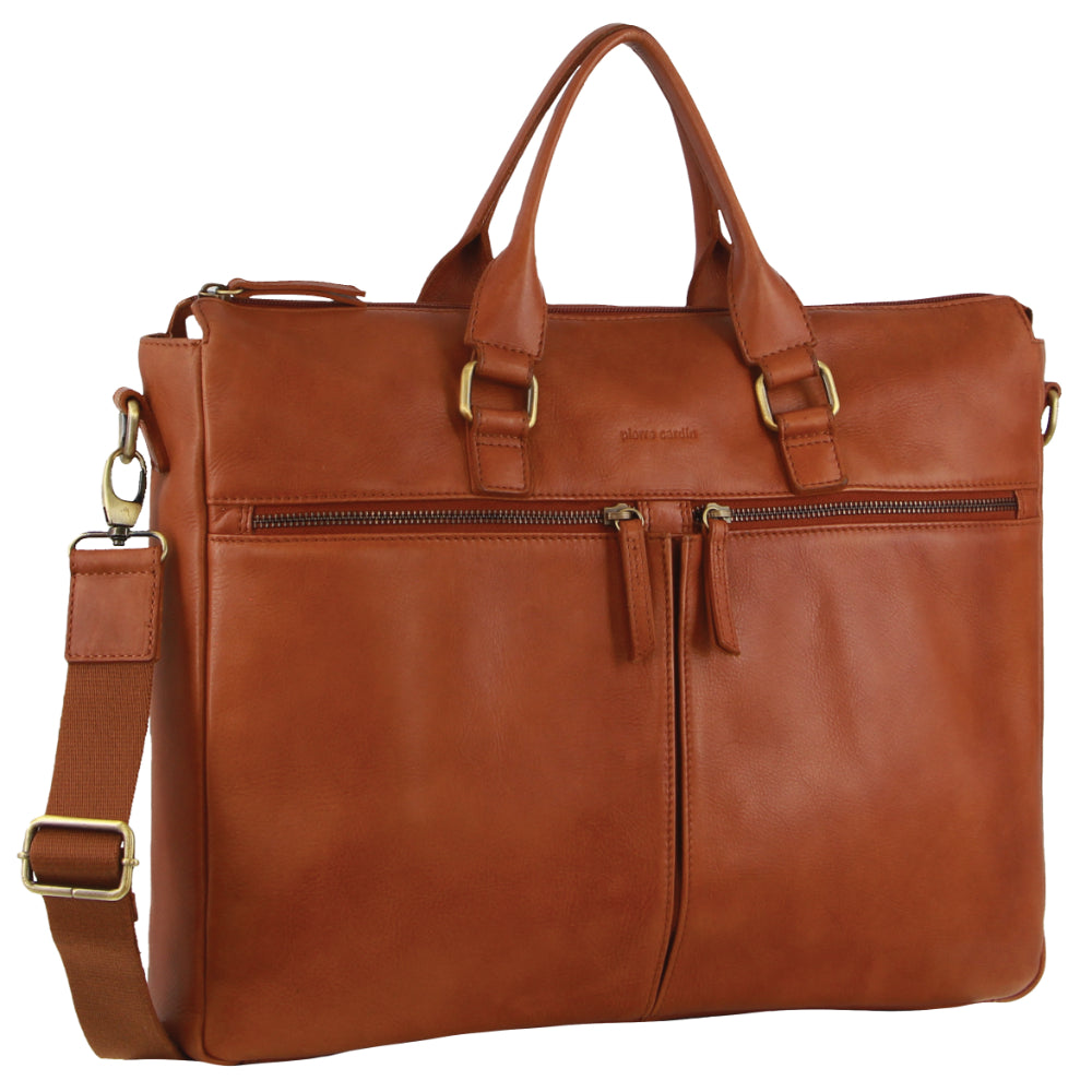 Pierre Cardin Men's Italian Leather Business Briefcase/Messenger Bag in Cognac