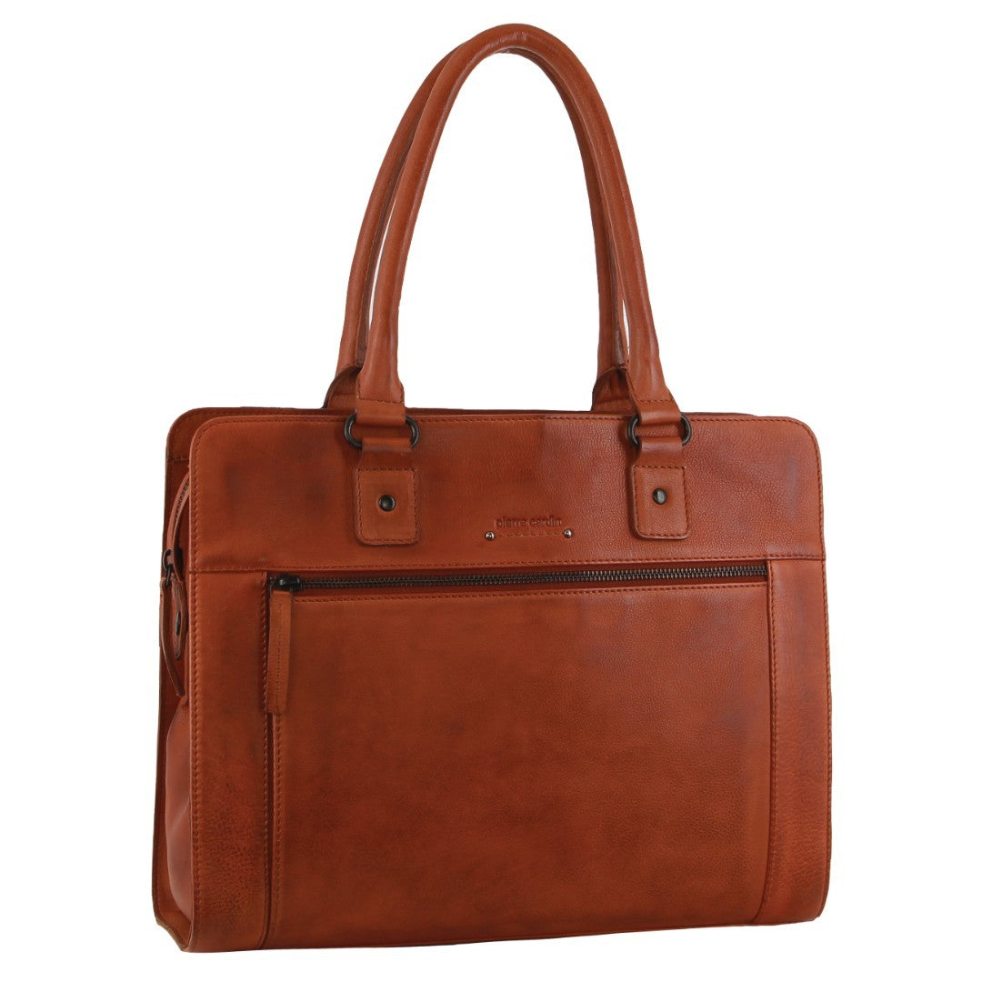 Pierre Cardin Leather Computer Tote Bag in Cognac
