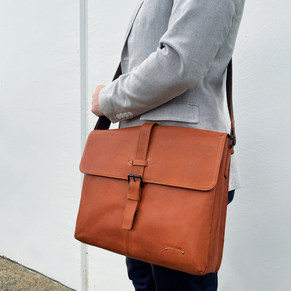 Pierre Cardin Leather Flap-over Computer Bag in Cognac