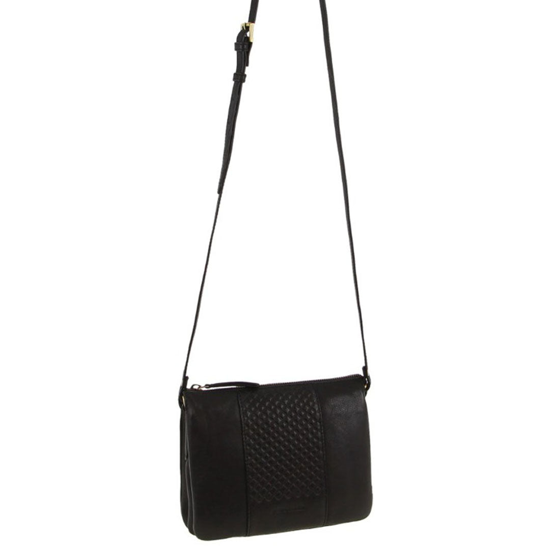Pierre Cardin Leather Diamond Pattern Embossed Crossbody Bag in Black