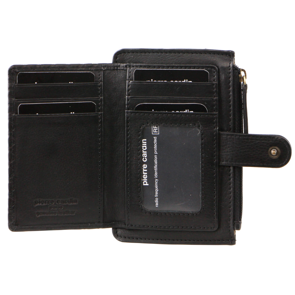 Pierre Cardin leather Diamond Pattern Emboss Zip Purse Wallet in Black