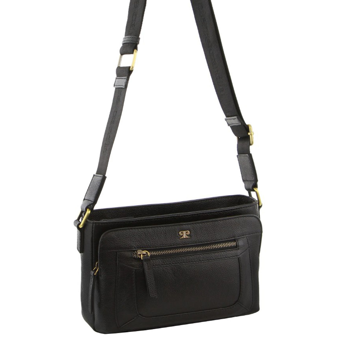 Pierre Cardin Ladies Leather Webbing Strap Crossbody Bag in Black