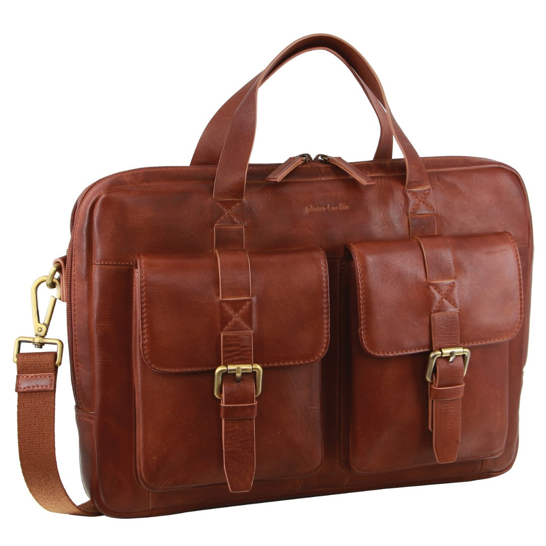 Pierre Cardin Men's Rustic Leather Satchel/Messenger Bag in Cognac