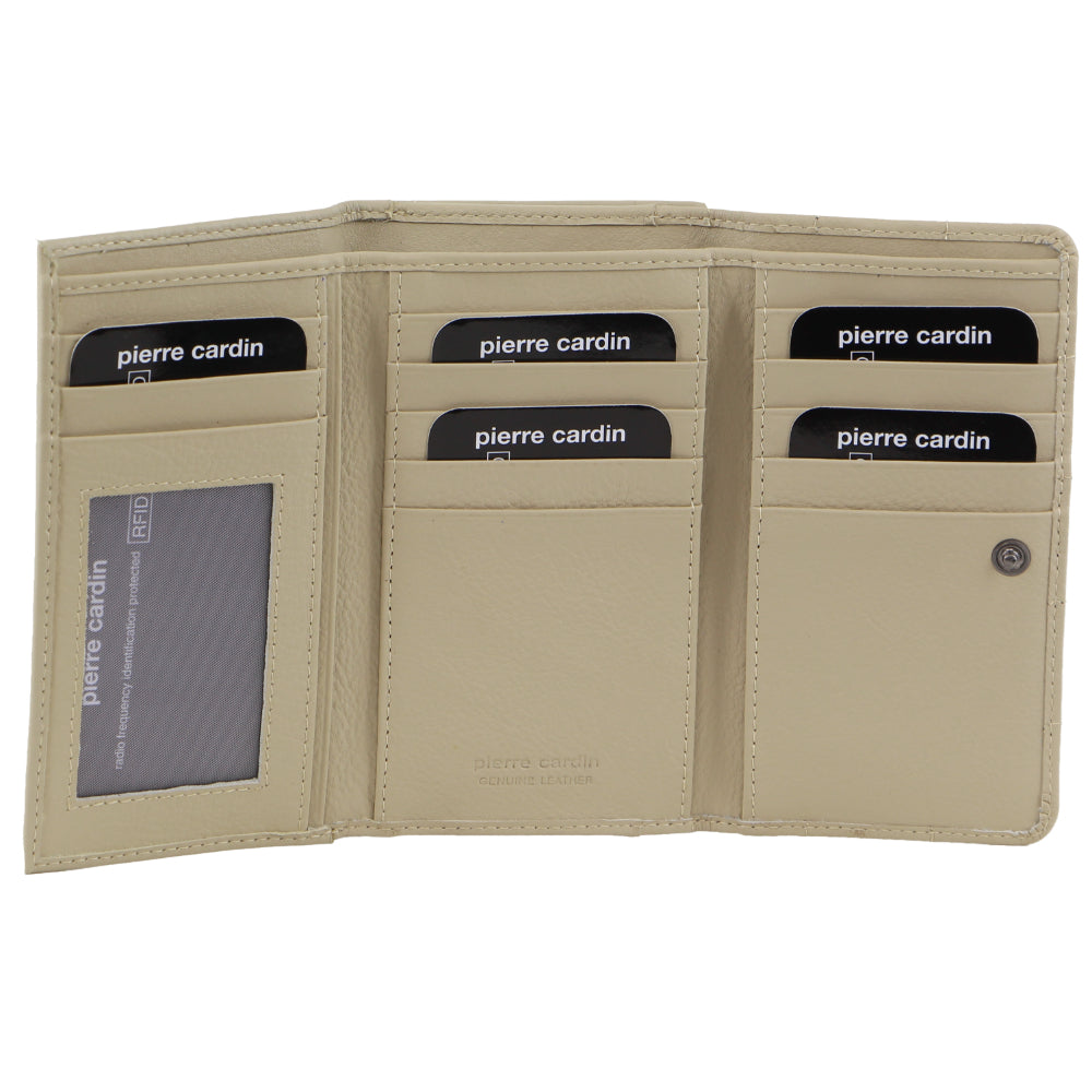 Pierre Cardin Pleated Leather Ladies Tri-Fold Wallet in Cement