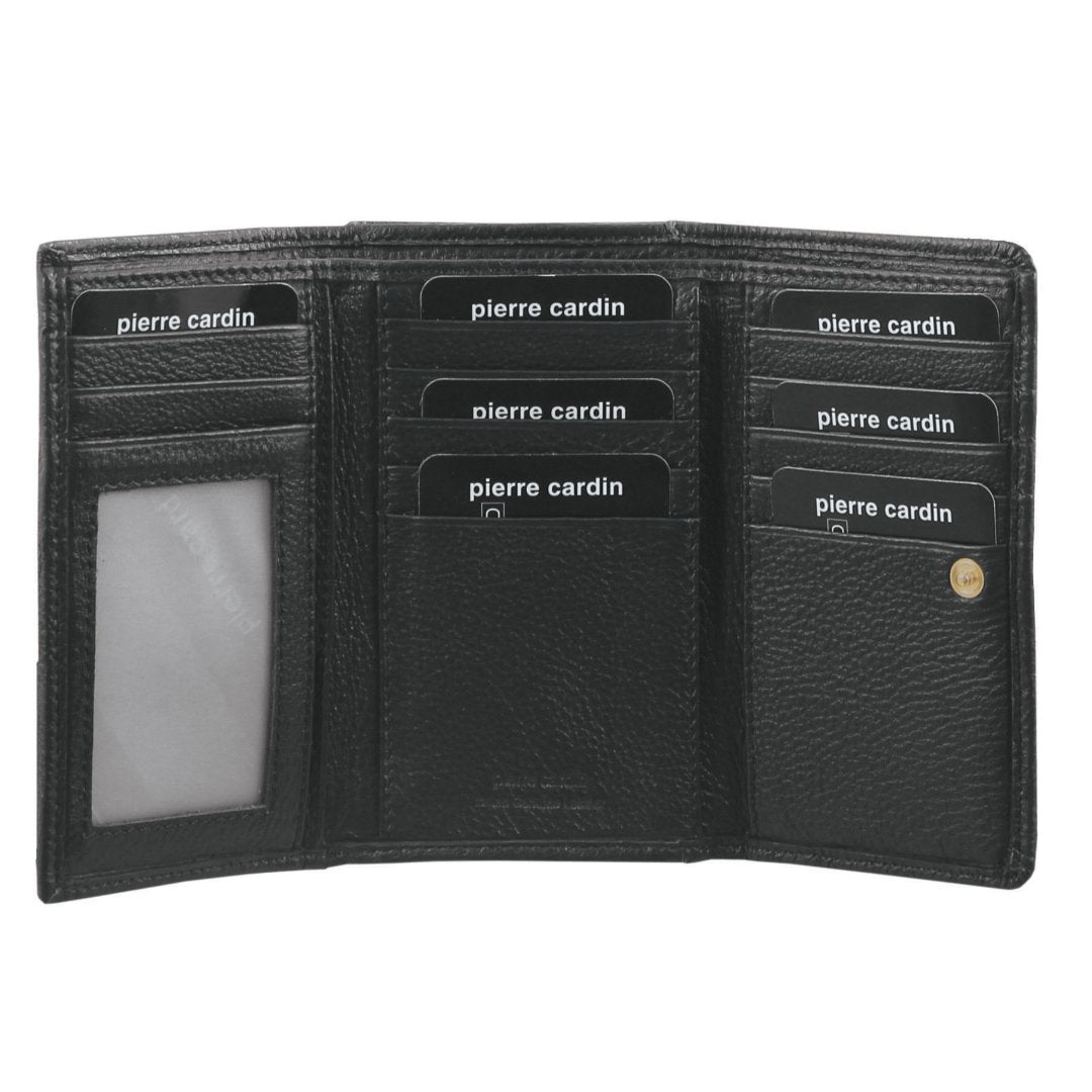 Pierre Cardin Pleated Leather Ladies Tri-Fold Wallet in Black