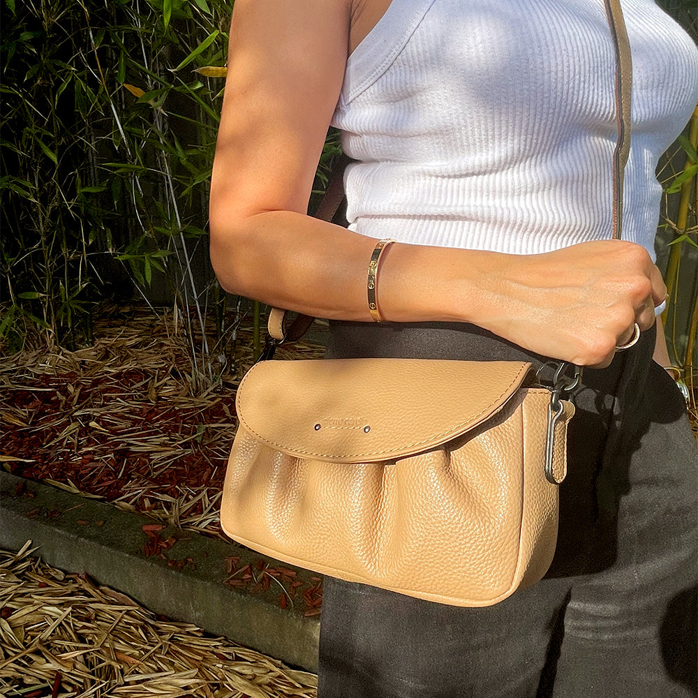 Pierre Cardin Leather Pleated Design Crossbody Bag in Burro