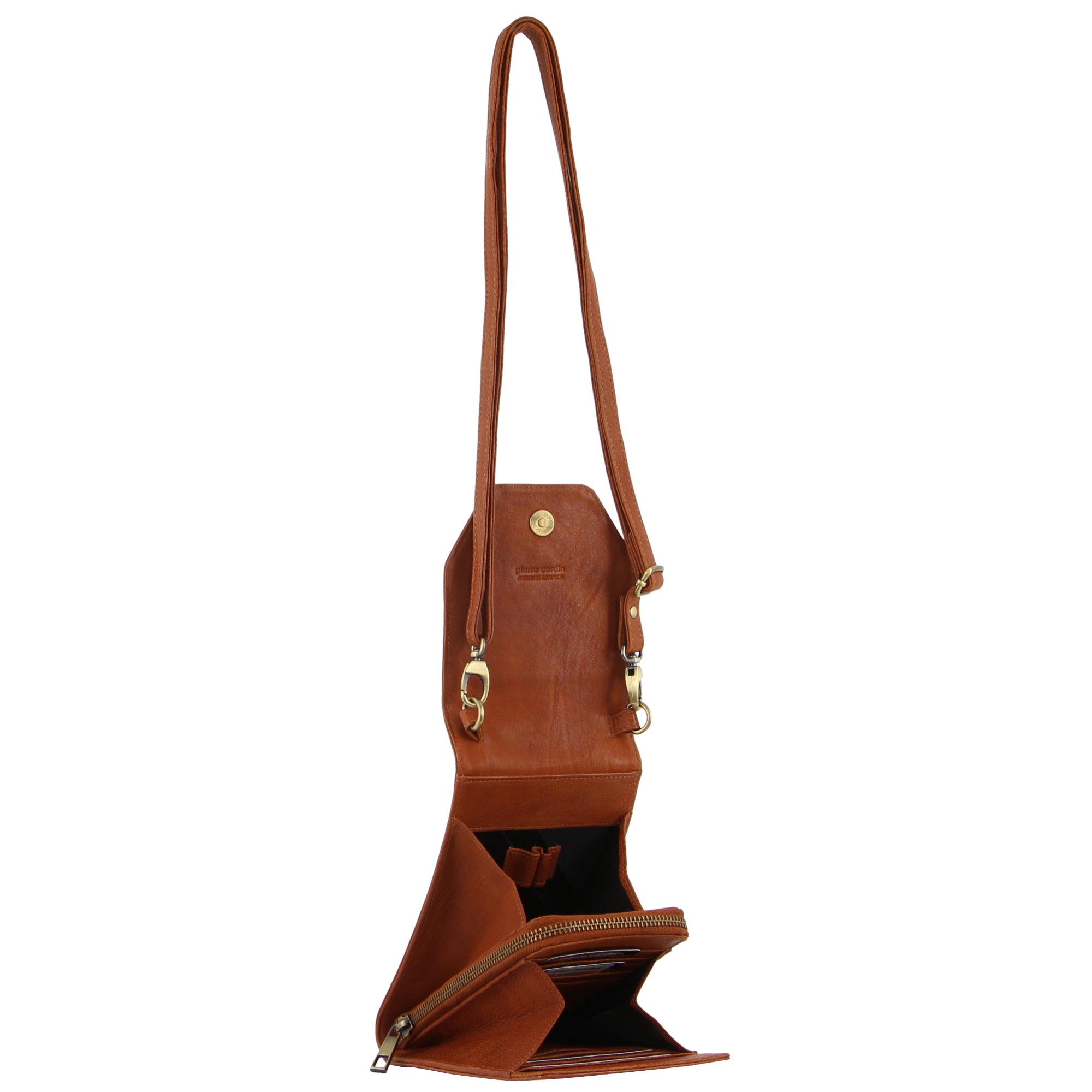 Pierre Cardin Leather Crossbody Phone Wallet Bag in Cognac